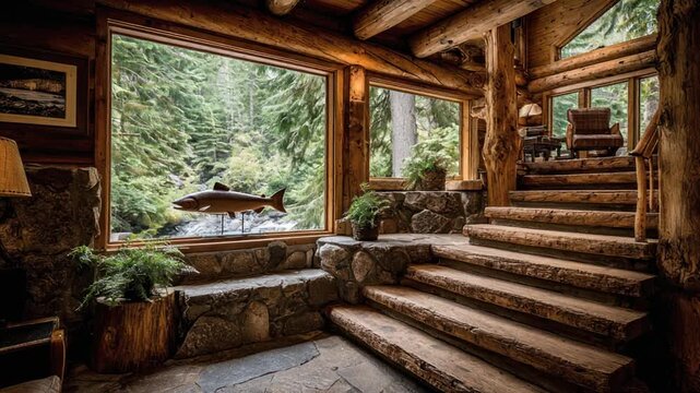 Rustic interior of a cabin with wooden elements, large windows and a view to green forest