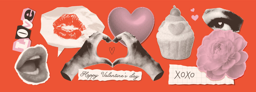 Valentines Day retro halftone collage stickers set. Trendy mixed media art torn paper cutout - hands , heart, cupcake, flower, mouth. Holiday 80s 90s pop style elements. Vector