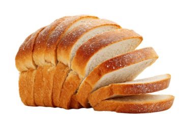 Sliced loaf of bread with stacked slices, soft crumb texture and browned crust edge with realistic bakery detail and subtle flour specks, isolated on transparent background.
