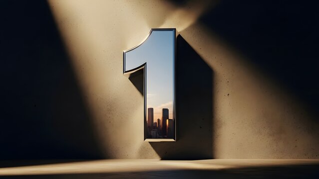 A large number 1 cutout revealing a city skyline