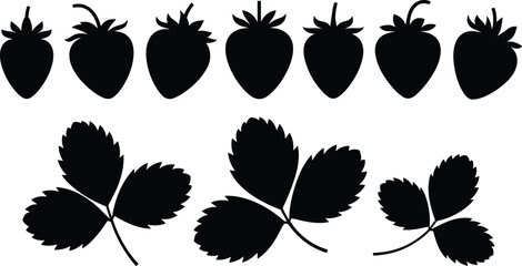 Strawberry fruit and leaf silhouette set, black vector shapes of berries and foliage for food, nature, logo, pattern, and packaging design use © Hasem Creative
