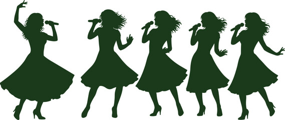 Green silhouette of five women singing and dancing with microphones, ideal for music, performance, entertainment, and stage-themed vector illustrations.