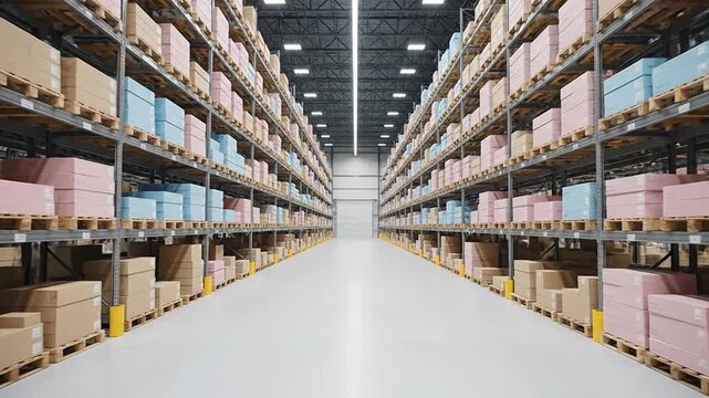 Vast modern logistics warehouse aisle full of towering metal shelves packed with diverse inventory boxes supply chain management storage facility