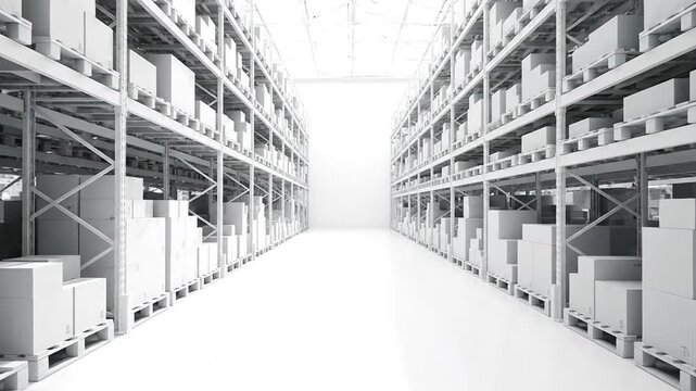 Modern minimalist 3D rendering of a large clean distribution warehouse aisle full of white inventory boxes on towering storage racks logistics and supply chain concept