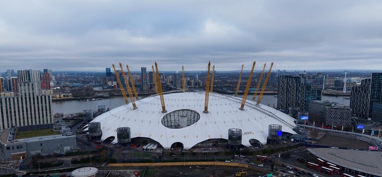 LONDON, UK - JANUARY 07, 2026 - O2 Arena and North Greenwich skyline along the River Thames on a cloudy day