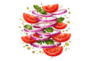 Floating Tomato and Onion Salad with a transparent background effect