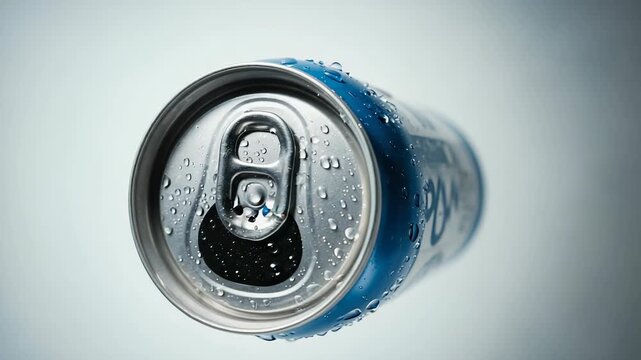 Refreshing Cold Beverage Can with Water Droplets, Close-Up, Studio Shot, Product Advertising, Summer Drink, Cool Refreshment.