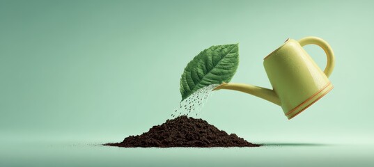 Leaf-shaped can resting on compost with droplet and soft peach fade
