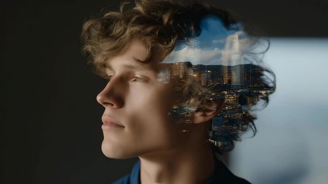 A human profile double-exposed with a coal power plant gradually dissolving into solar panels and battery storage units, representing decarbonization and clean energy transition. cinematic color