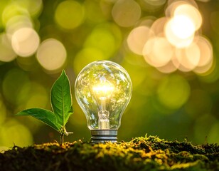 Lightbulb sits on moss beside a plant with bokeh sunlight