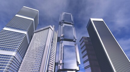 Beautiful cityscape against a blue sky with clouds, skyscrapers looking up, high-rise buildings from below, 3D rendering © ustas