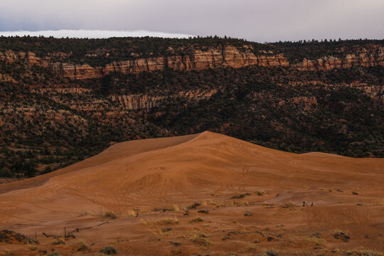 View of a striking sand dune under a cloudy sky, nestled before rugged cliffs and sparse vegetation, creates a dramatic contrast in Coral Pink Sand Dunes State Park, Kanab, Utah, United States.