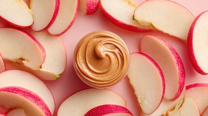 apple slices with peanut butter dip on pink background