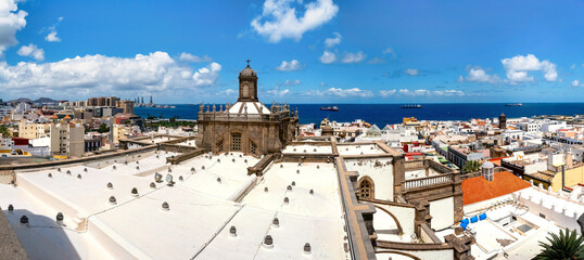 Las Palmas, Gran Canaria, Spain &ndash; View from Santa Ana Cathedral rooftop terrace over old town, harbor and sea