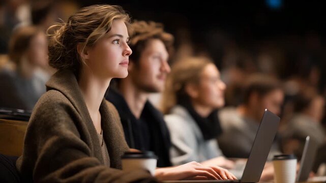 A morning lecture with students arriving bundled in coats, setting laptops on fold-down desks while coffee cups line the aisles of the auditorium. cinematic color correction, natural uneven