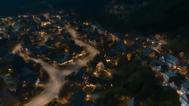 A nighttime aerial view of neighborhoods with patchy power restoration, blocks of light and darkness revealing grid recovery in progress. cinematic color correction, natural uneven lighting yet