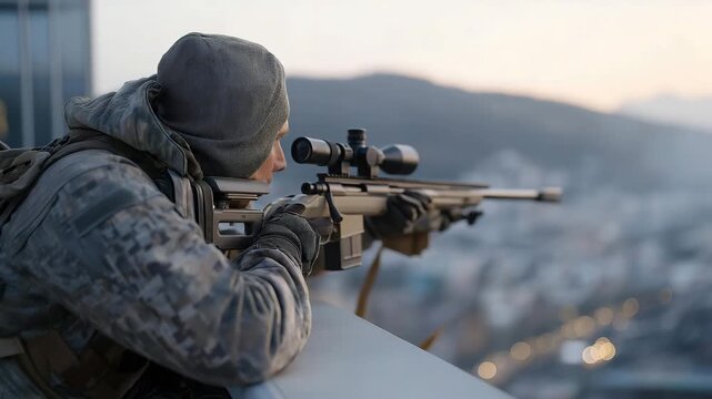 A tactical sniper positioned on a rooftop at dawn, adjusting wind charts displayed on a compact digital device &mdash; long-range precision, quiet focus, and strategic overwatch. cinematic color