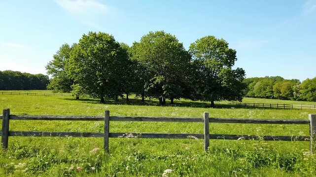 Sunny Summer Meadow Landscape Wooden Fence Green Trees Blue Sky Rural Idyllic Scene Pasture Farm Countryside Tranquil Nature