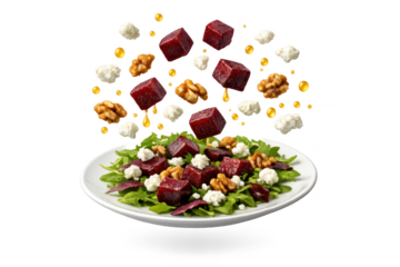 Beetroot salad with walnuts on transparent background in studio shot