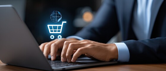 Businessman works at home office using laptop to check financial data while holding globe and accessing social media on mobile phone