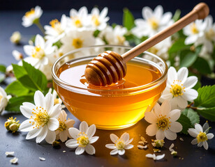 Honeycomb with fresh honey and flowers in warm sunlight