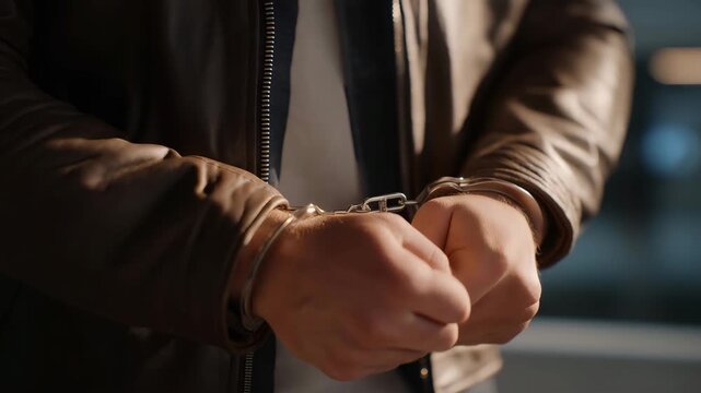 Handcuffs illuminated under interrogation room lighting, casting strong shadows to convey seriousness, authority, and criminal investigation themes. cinematic color correction, natural uneven