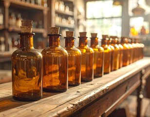 Antique apothecary bottles with cork stoppers on rustic wooden shelves in vintage pharmacy interior
