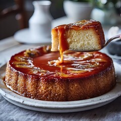 Delectable upside-down cake with caramel sauce. A slice of the cake is being lifted, revealing its moist texture