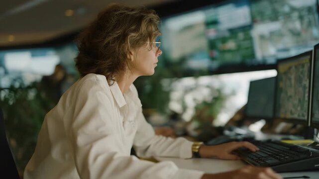 Transportation coordinator overseeing departures from a control room, live feeds and status boards emphasizing timing, coordination, and operational control. cinematic color correction, natural