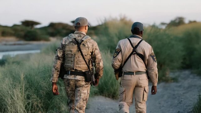 Wildlife rangers from neighboring countries tracking animals along a cross-border migration corridor, drones and GPS collars helping protect endangered species &mdash; conservation partnership, shared