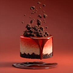 A delectable chocolate cake topped with a rich chocolate glaze. The cake is surrounded by other elements