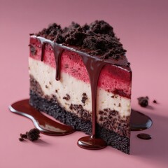 A delicious slice of cake with rich chocolate drizzle on a pink backdrop