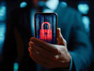 Man holding smartphone displaying red padlock symbol on screen with digital code background representing mobile data protection and cybersecurity awareness concept