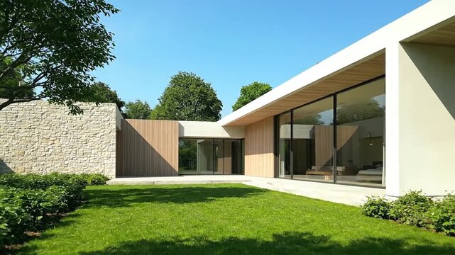 Modern Luxury Home Exterior Design Glass Walls Wood Cladding Stone Fence Beautiful Green Lawn Sunny Day Contemporary Residential Architecture