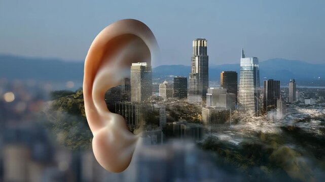 A human ear double-exposed with sound waves and city noise maps, illustrating acoustic pollution, sound design, and auditory awareness. cinematic color correction, natural uneven lighting yet
