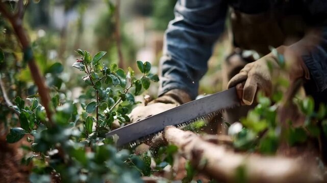 Medium shot of a gardener skillfully using handsaws to prune tree branches focusing on precise cuts for healthy tree growth.