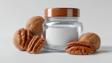 Empty glass jar mockup with pecan crown ring and front label space