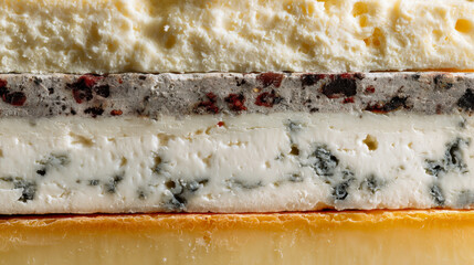 Assorted layers of gourmet artisan cheeses featuring creamy blue cheese, peppered cheese, aged cheddar, and swiss cheese textures in a stacked arrangement