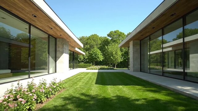 Contemporary Luxury Residential Architecture Exterior View Private Courtyard Large Glass Walls Minimalist Design Sunny Day