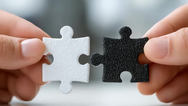 Close-up of two puzzle pieces interlocking, representing connection, teamwork, problem-solving, and successful collaboration in a business environment.