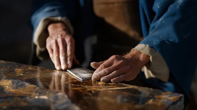 A sculptor polishing a finished stone surface, revealing refined details and craftsmanship through slow, deliberate motion. cinematic color correction, natural uneven lighting yet gentle backlight,