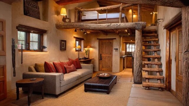 Cozy, rustic interior with a loft bedroom, wooden beams, stone walls, and warm lighting