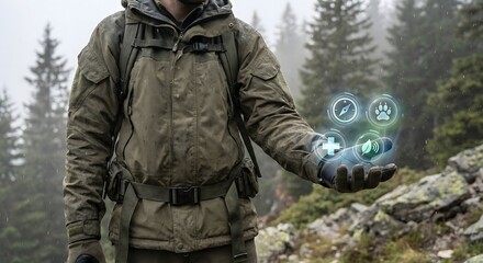 Person exploring wilderness with glowing digital icons for navigation and wildlife tracking in misty forest.