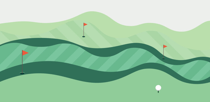 Golf course illustration with golf ball, red flag and fairway in flat style, summer landscape scenery for sport recreation background design