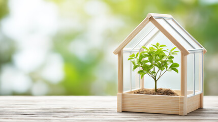 Insurance banner for agricultural risks featuring a greenhouse model on a table with a blurred background, symbolizing crop protection, stability, and farming security.