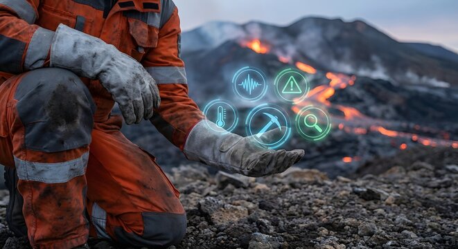 Worker monitoring volcanic activity with digital interface and glowing icons near flowing lava.