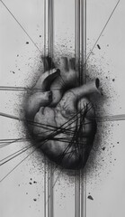 Grayscale human heart bound by crisscrossing black bands, with dynamic ink bursts radiating outward, symbolizing inner struggle and psychological intensity.