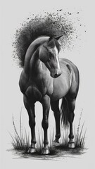 Realistic graphite horse with expressive shading and anatomical depth, surrounded by abstract ink explosion on a dark field, blending nature and visual drama.