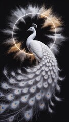 Stylized peacock display with graceful white plumage, subtle blue-gray accents, and a curved feather composition that evokes purity, symmetry, and visual serenity.