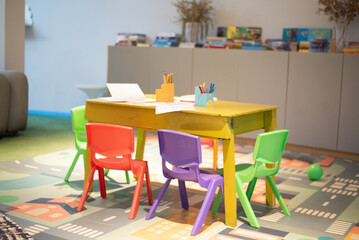 Draw with pencils and paints, make different figures out of plasticine at home. Kindergarten or children's playroom. Nobody.